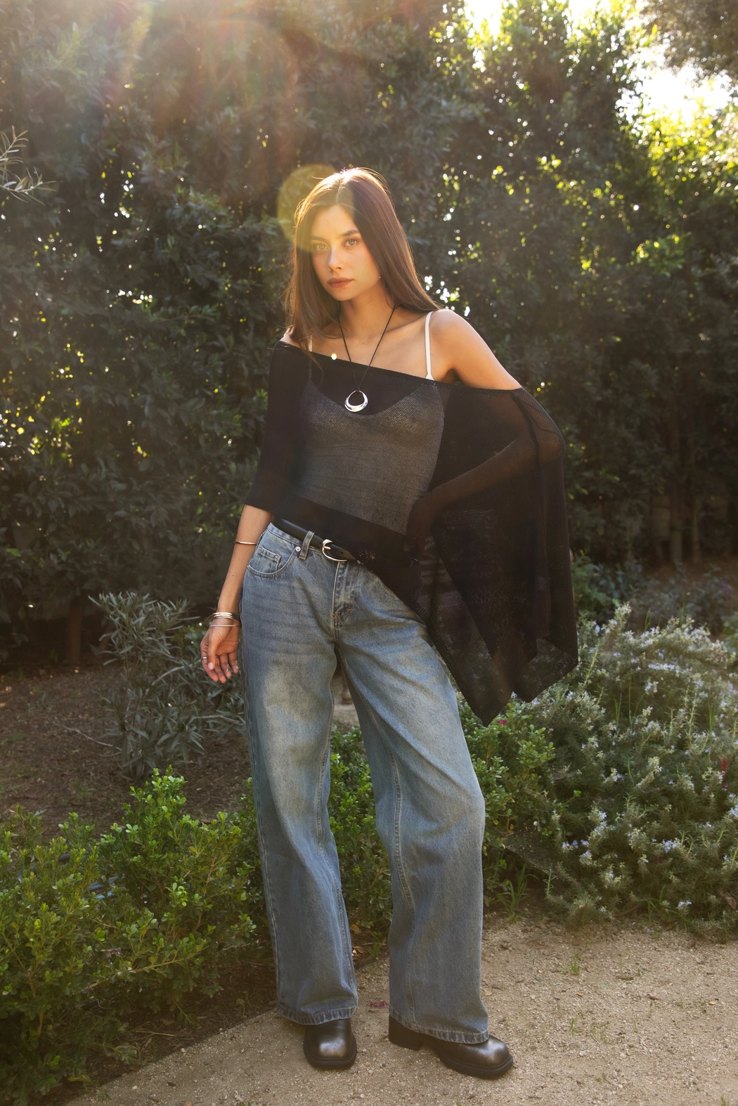 Black Wide Off Shoulder Sheer Sweater Cape