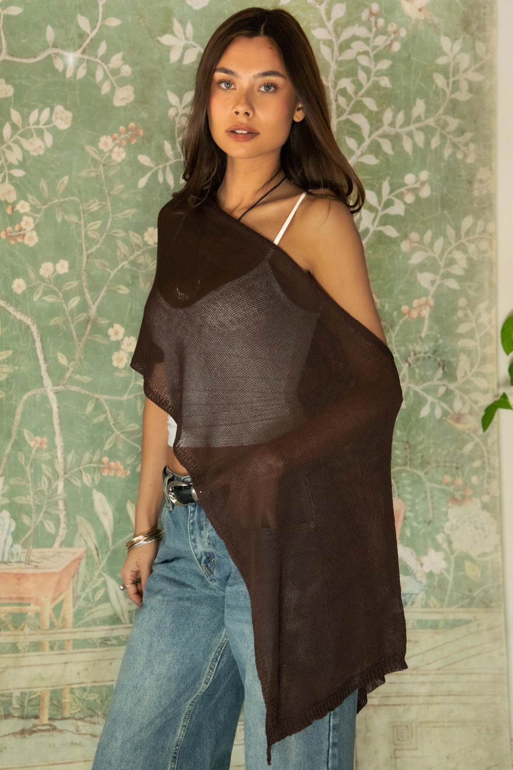 Brown Wide Off Shoulder Sheer Sweater Cape