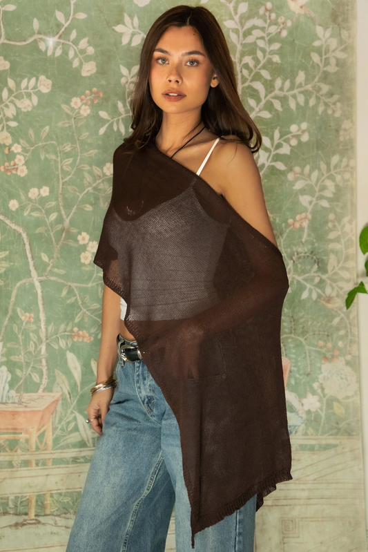 Brown Wide Off Shoulder Sheer Sweater Cape