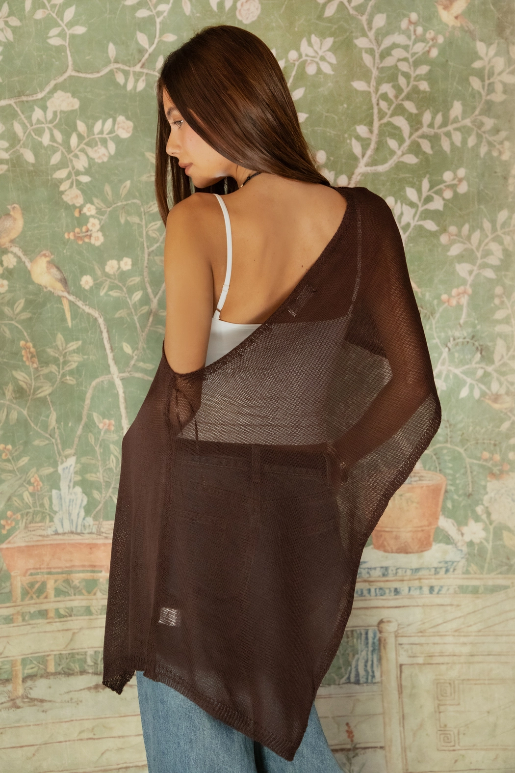 Brown Wide Off Shoulder Sheer Sweater Cape