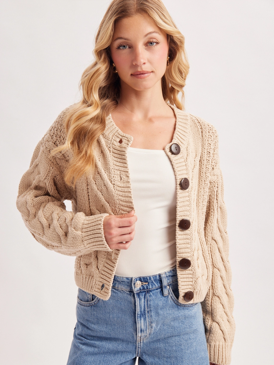 Oatmeal Cropped Button Cable Knit Cardigan