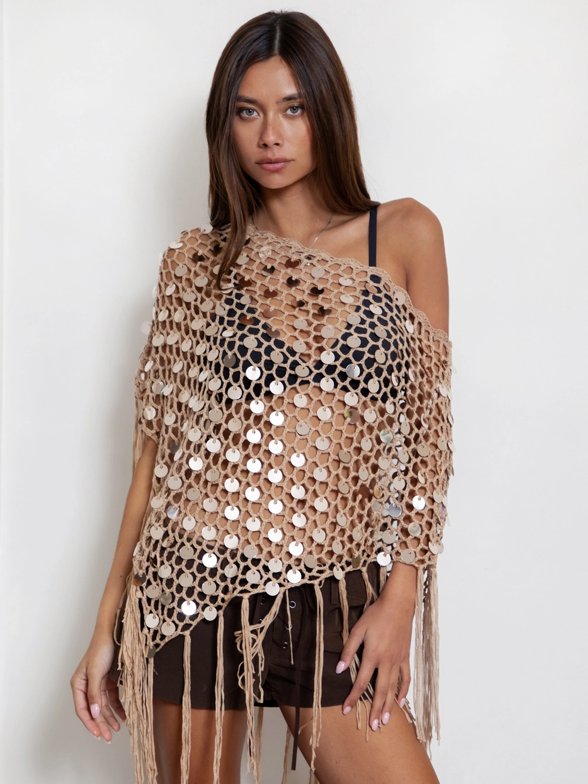 Sand Sequin Crochet Fringe Knit Poncho