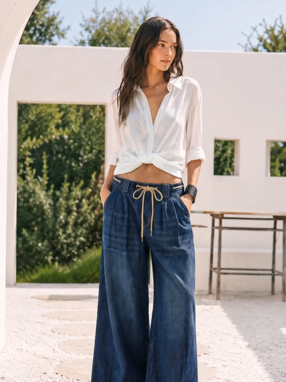 Drawstring Denim Wide Leg Pant