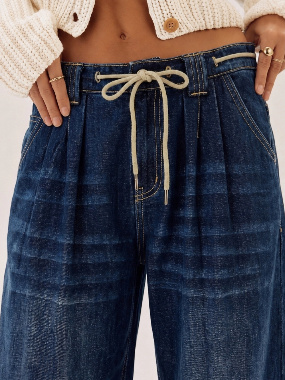 Drawstring Denim Wide Leg Pant