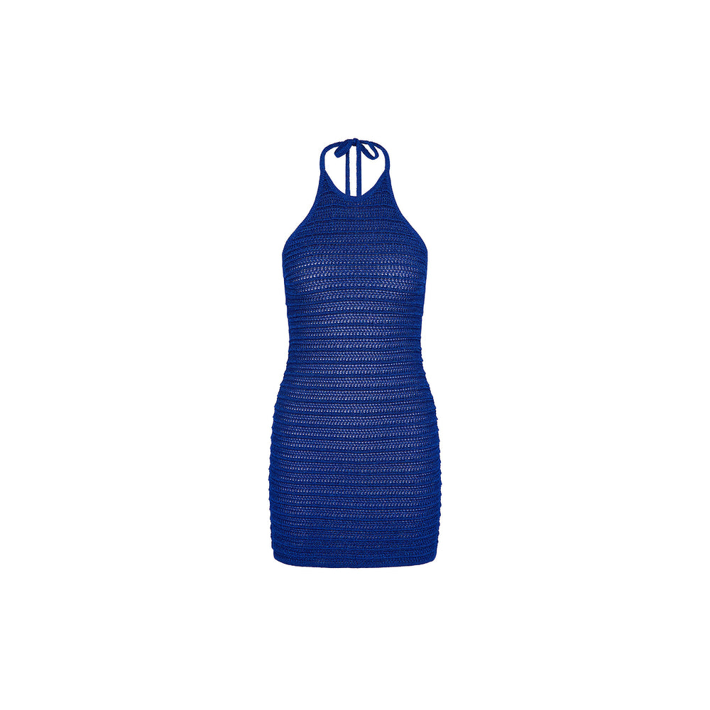 Blue Lagoon Metallic Knit Halter Mini Dress