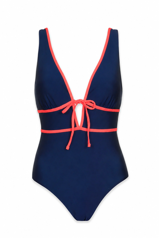 Ginger Navy Plunge Front Tie One Piece