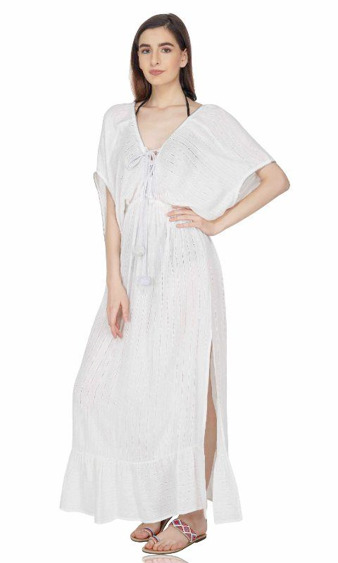 Ivory Hawaiian Maxi Dress with Silver Trim