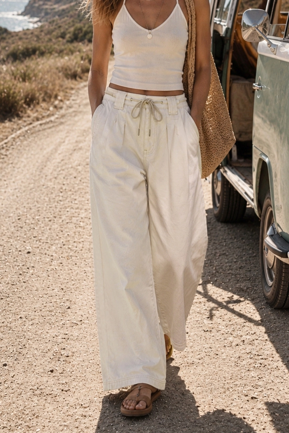 Ecru Drawstring Wide Leg Pant