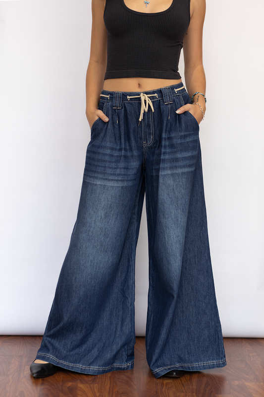 Drawstring Denim Wide Leg Pant