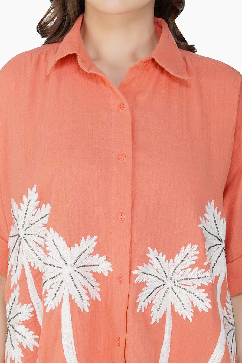 Peach Coral Palm Embellished Cover Up Shirt
