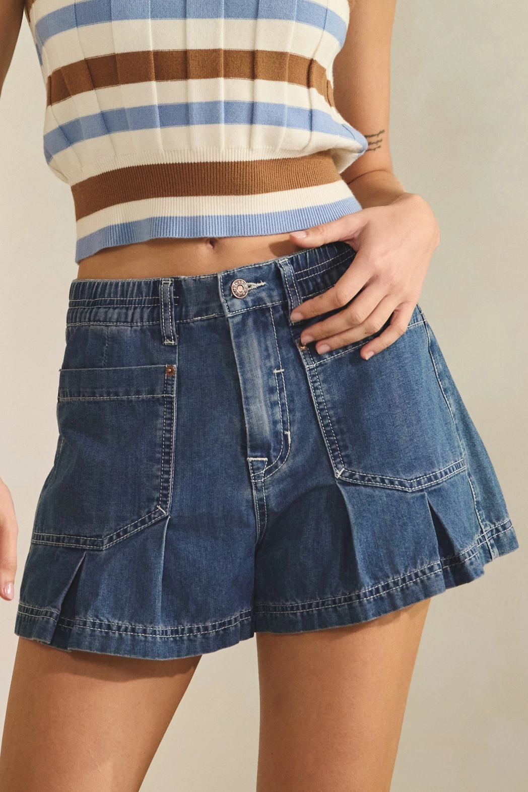 Pleated Denim Short