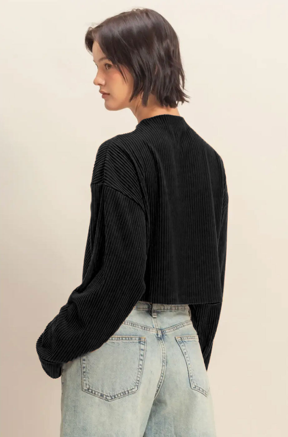 Black Noa Cropped High Neck Ribbed Long Sleeve Top