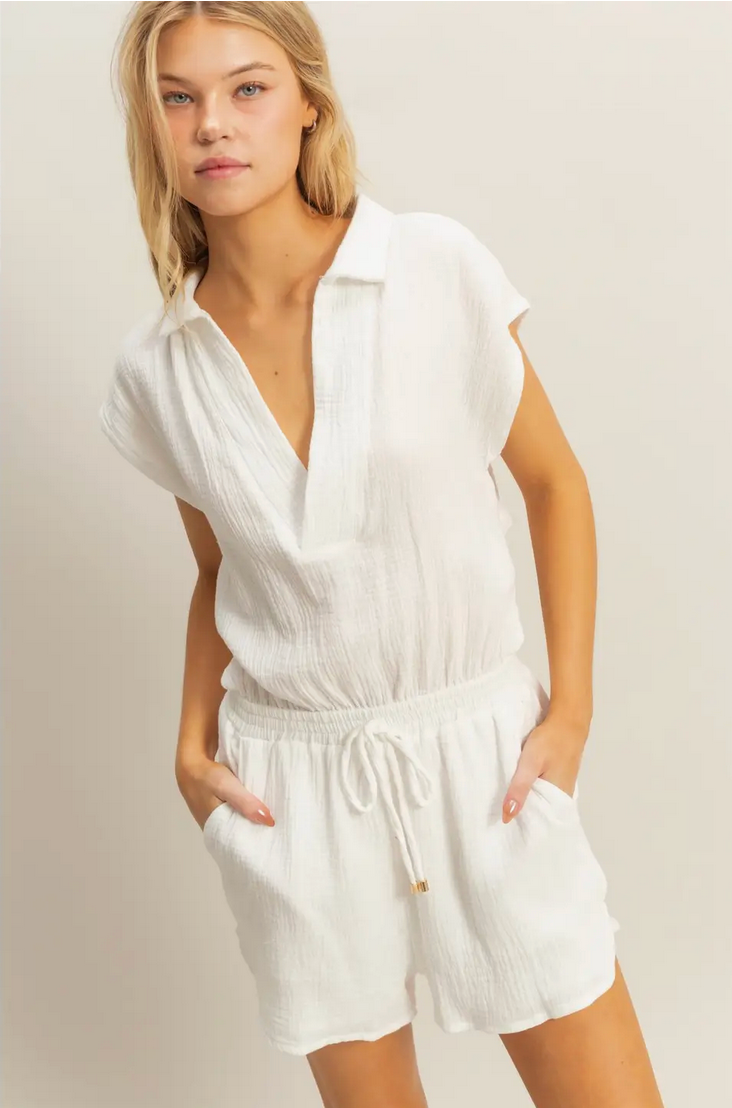 White Kaia Double Gauze Cut Out Back Romper