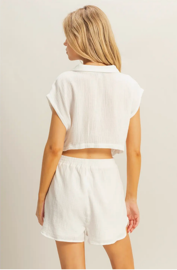 White Kaia Double Gauze Cut Out Back Romper