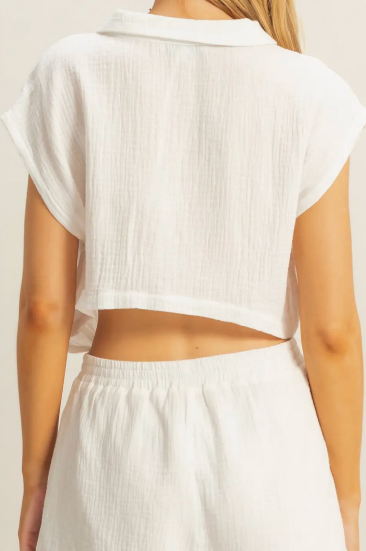 White Kaia Double Gauze Cut Out Back Romper