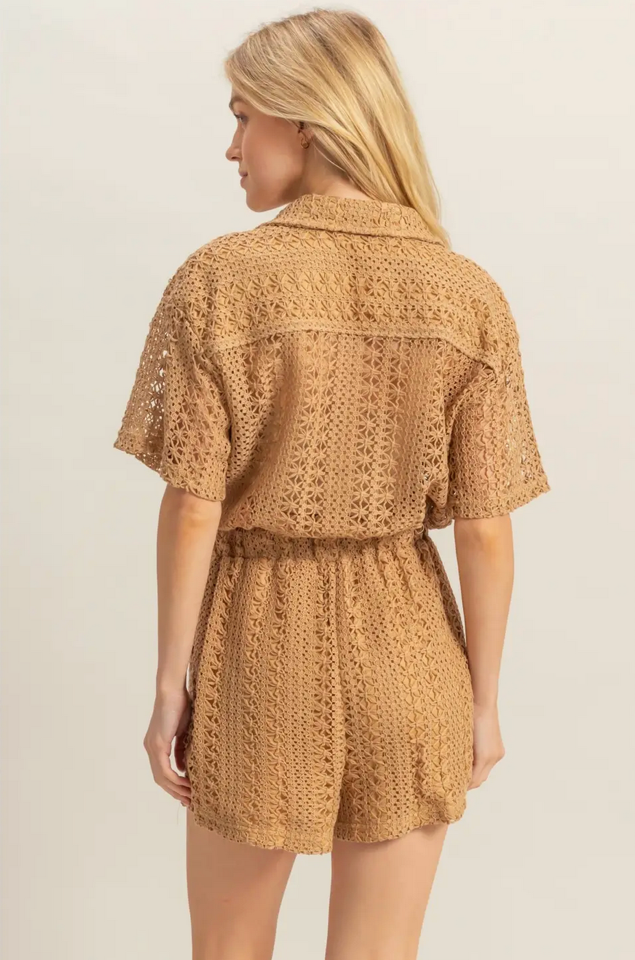 Light Taupe Romie's Crochet Button Down Short Sleeve Romper