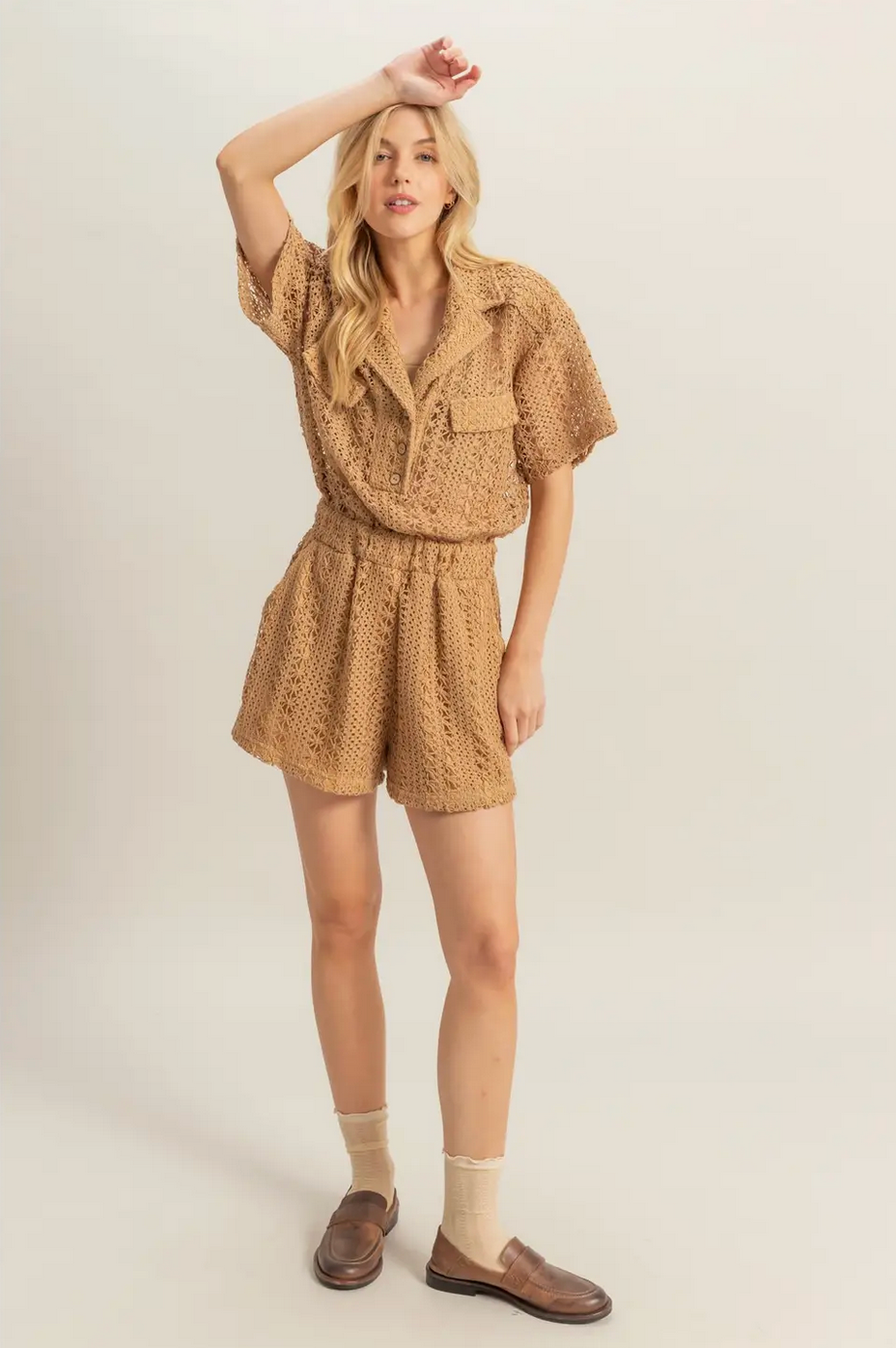 Light Taupe Romie's Crochet Button Down Short Sleeve Romper