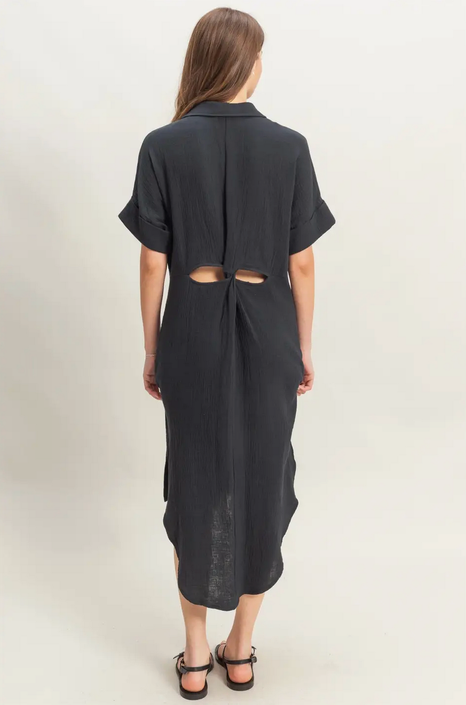 Black Lani Double Gauze Button Down Shirt Dress