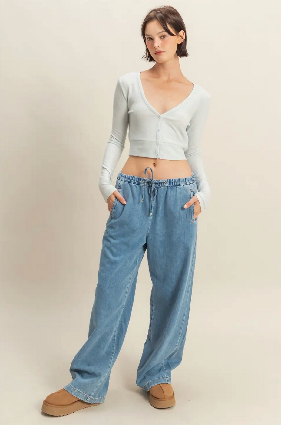 Ice Blue Emma Cropped V-Neck Brushed Long Sleeve Top