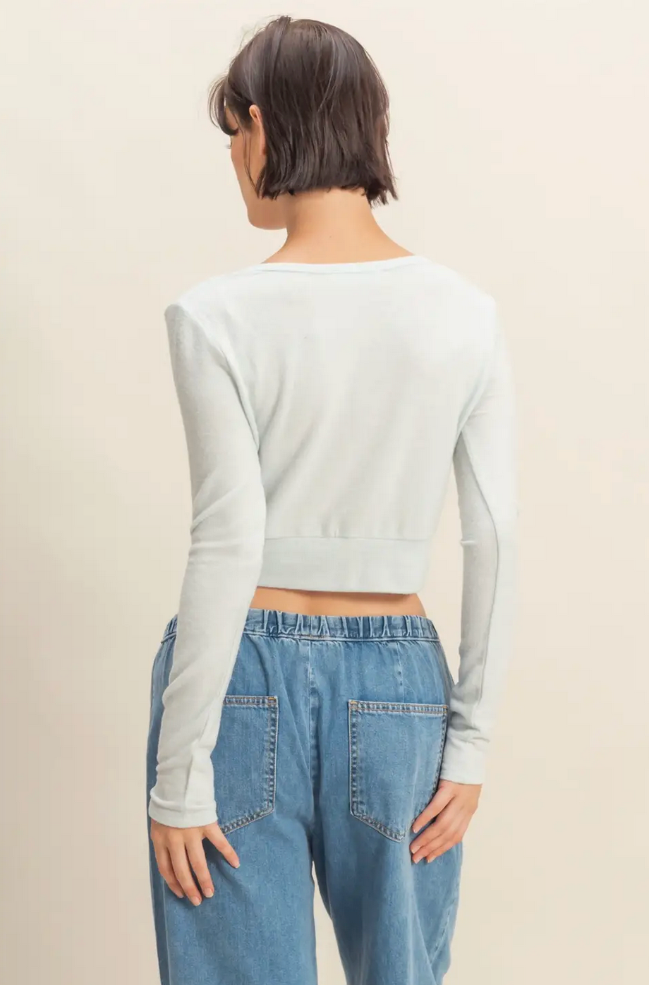 Ice Blue Emma Cropped V-Neck Brushed Long Sleeve Top