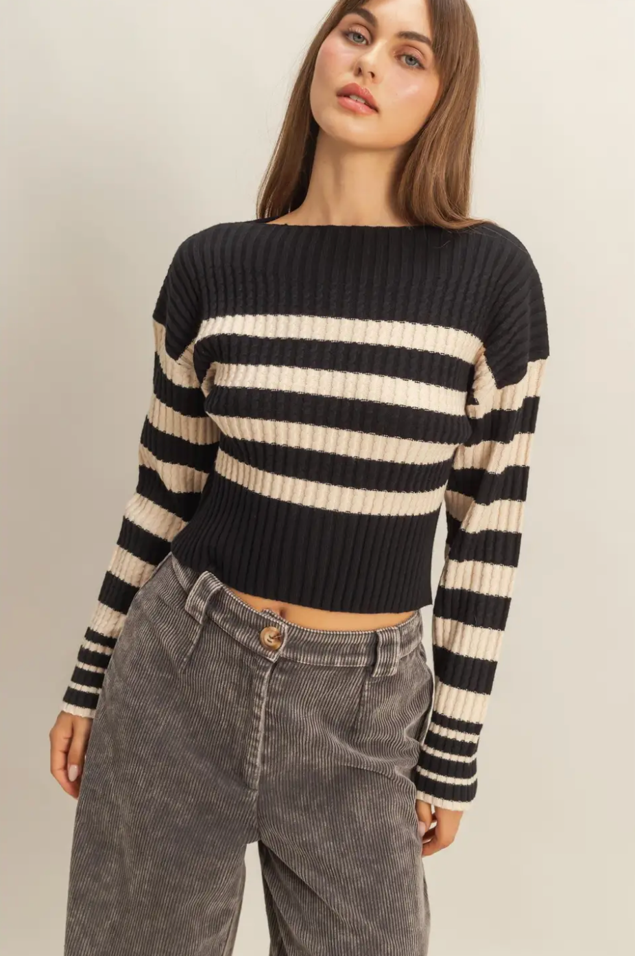 Black Harper Stripe Boat Neck Sweater