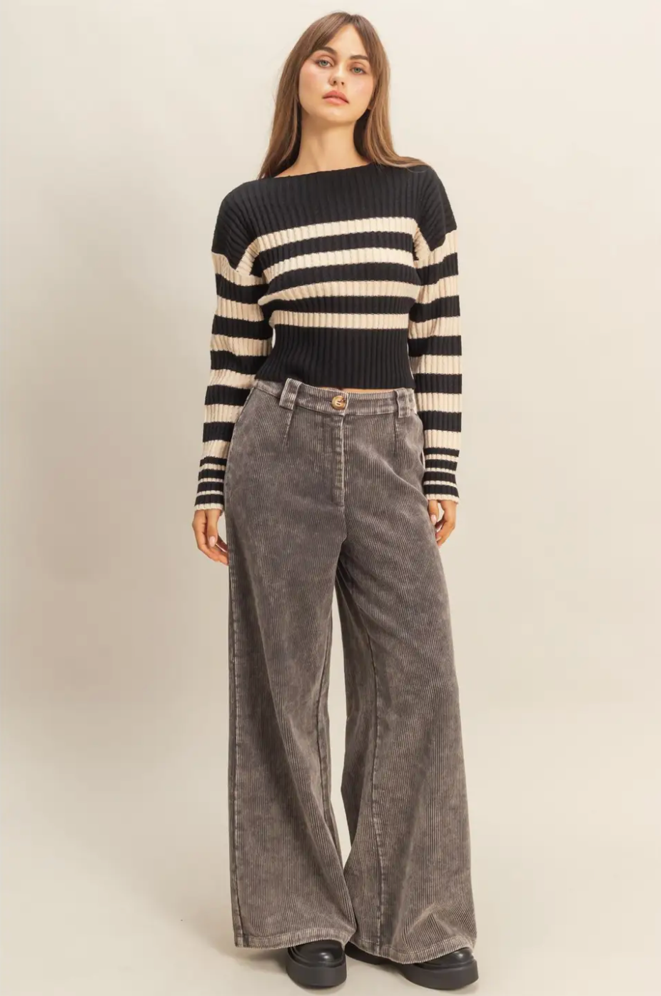 Black Harper Stripe Boat Neck Sweater