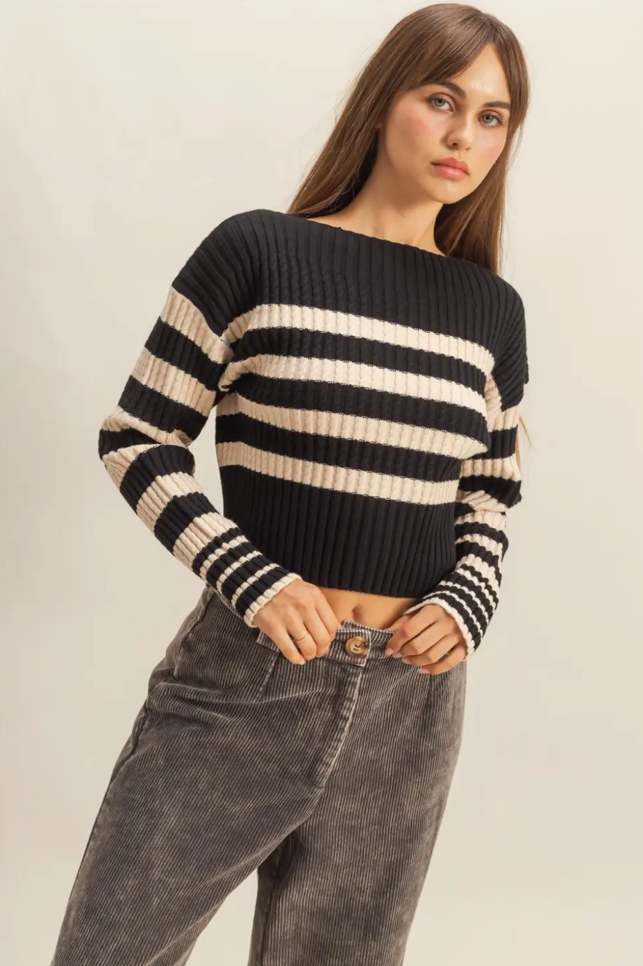 Black Harper Stripe Boat Neck Sweater