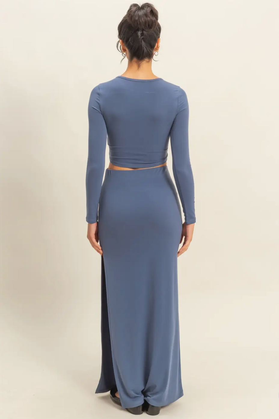 Dusty Navy Asha Cropped Scoop Neck Long Sleeve Top