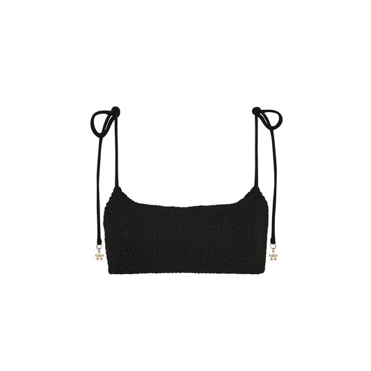 Black Simple Shirred Tie Crop Top