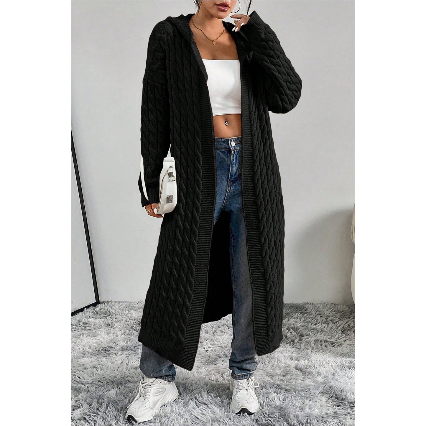 Black Hooded Long Cardigan Sweater