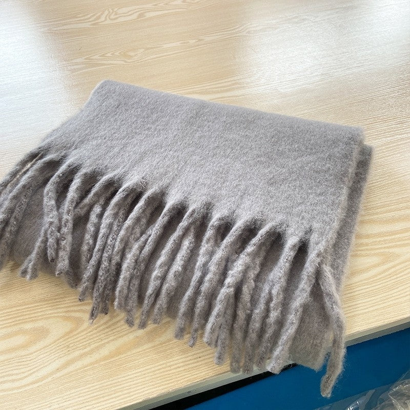 Grey Extra Long Fringed Thick  Scarf