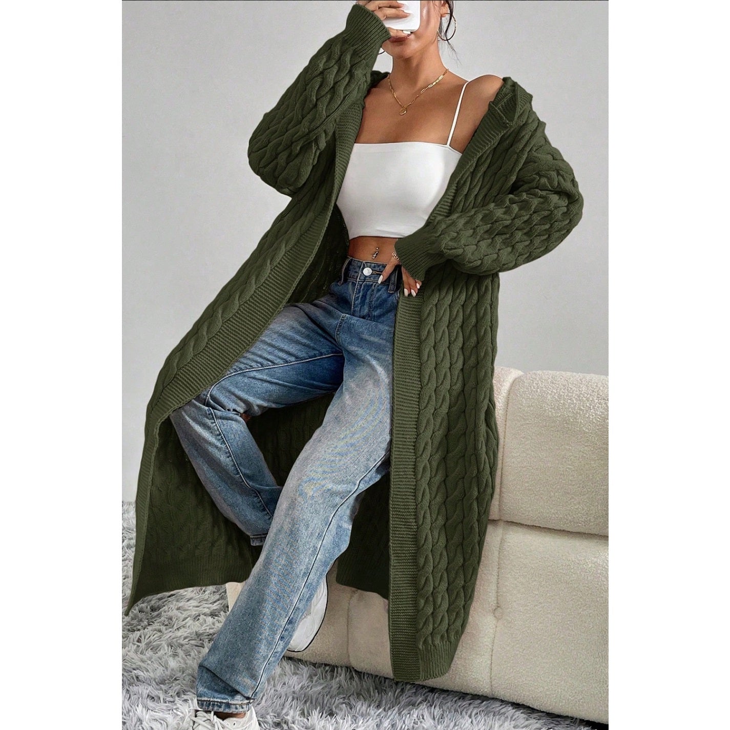 Olive Hooded Long Cardigan Sweater