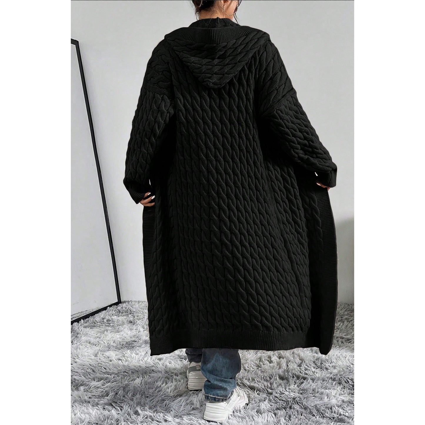 Black Hooded Long Cardigan Sweater