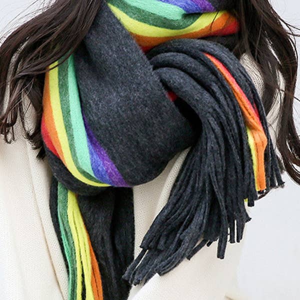 Dark Grey Rainbow Long Fringed Thick Scarf