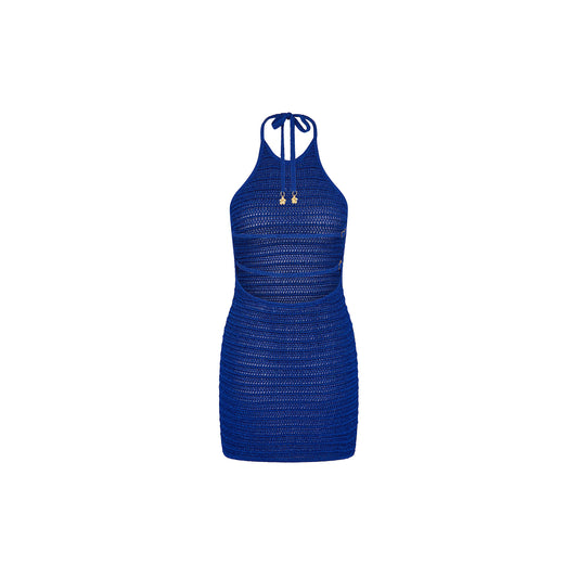 Blue Lagoon Metallic Knit Halter Mini Dress