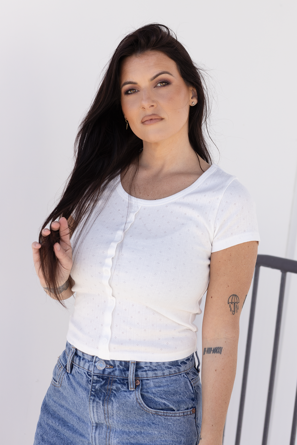 White Pointelle Button-Down Baby Tee