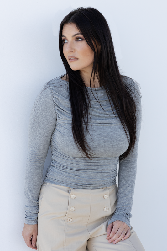 Heather Gray Ruched Off the Shoulder Knit top