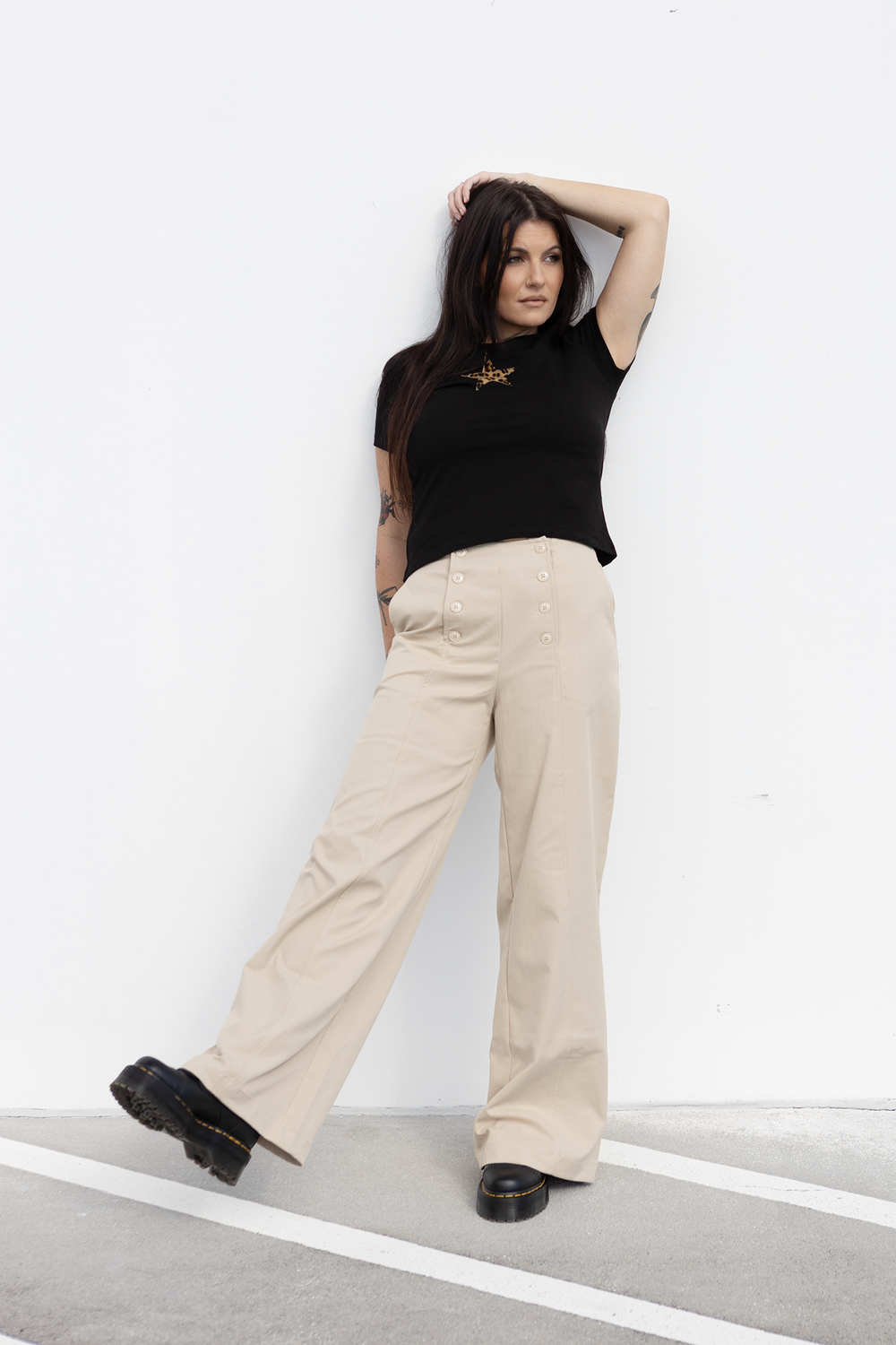 Khaki Sailor Button Front Wide Leg Pant