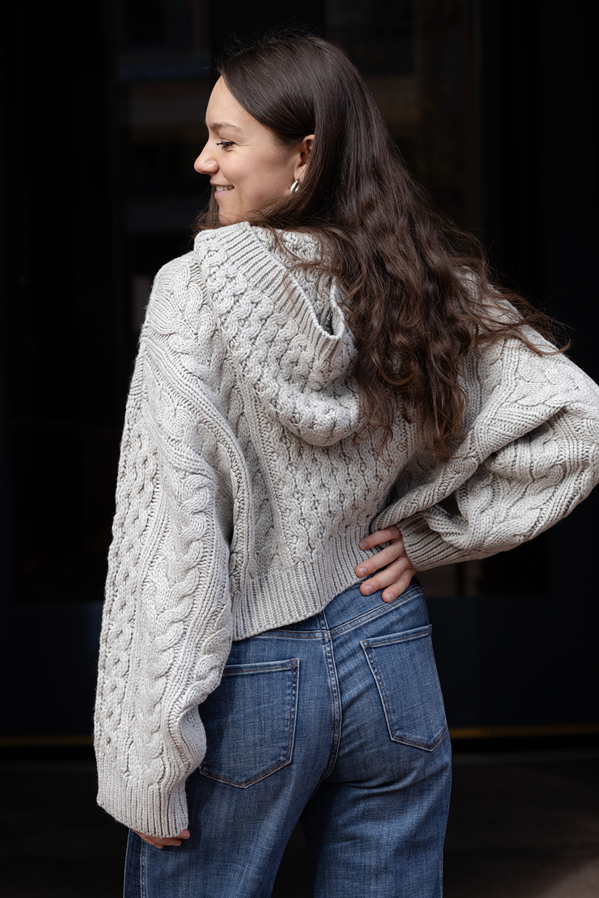 Heather Gray Melissa Braided Knit Crop Hooded Sweater