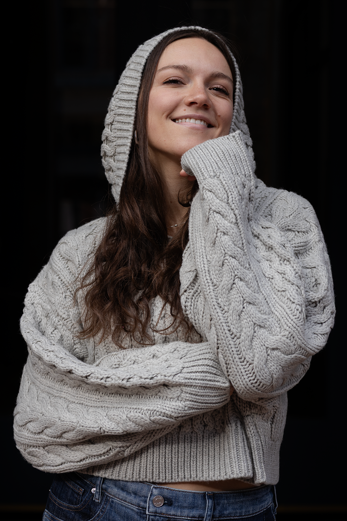 Heather Gray Melissa Braided Knit Crop Hooded Sweater