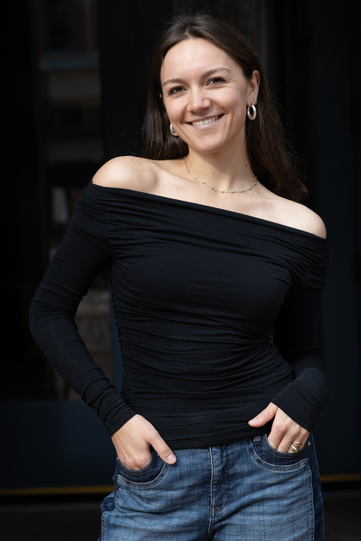 Black Ruched Off the Shoulder Knit top