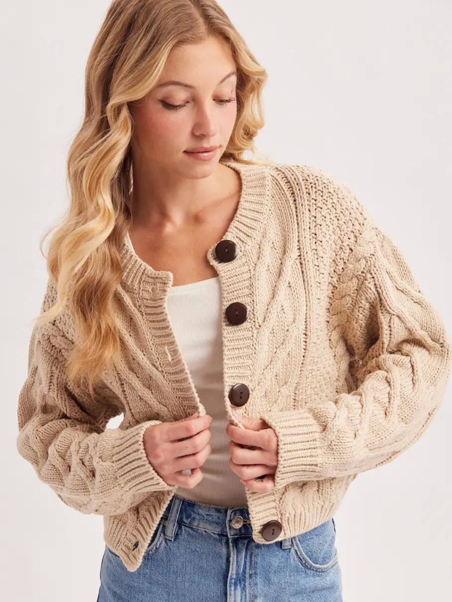 Oatmeal Cropped Button Cable Knit Cardigan
