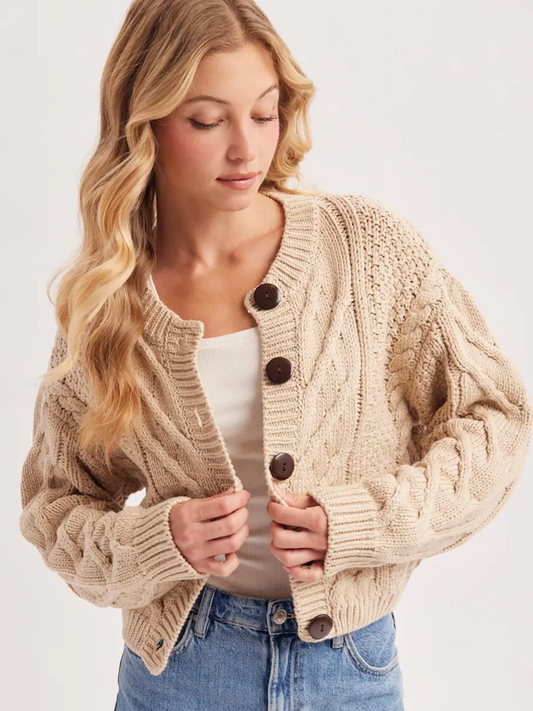 Oatmeal Cropped Button Cable Knit Cardigan