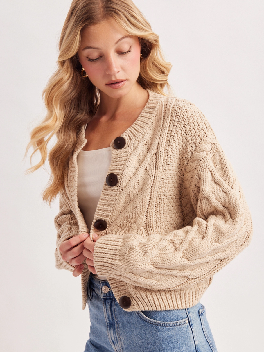 Oatmeal Cropped Button Cable Knit Cardigan