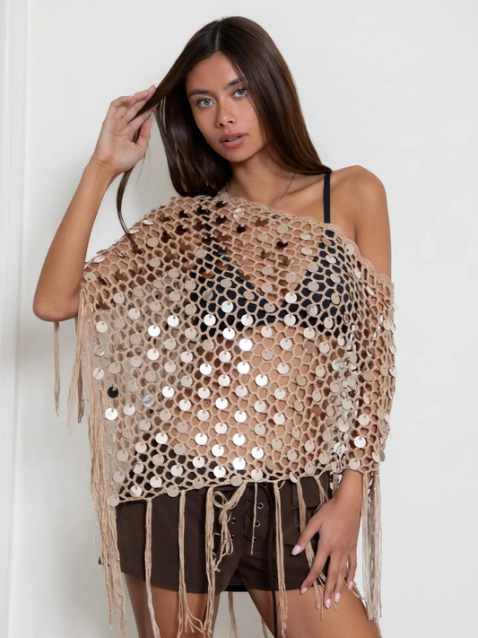 Sand Sequin Crochet Fringe Knit Poncho