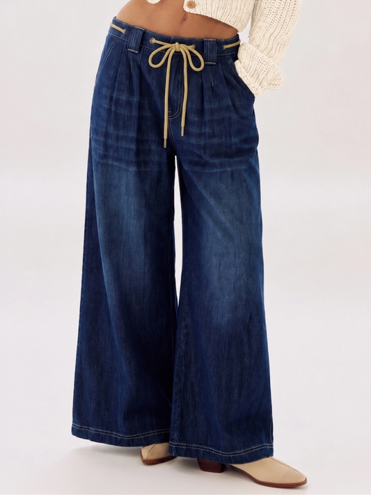 Drawstring Denim Wide Leg Pant