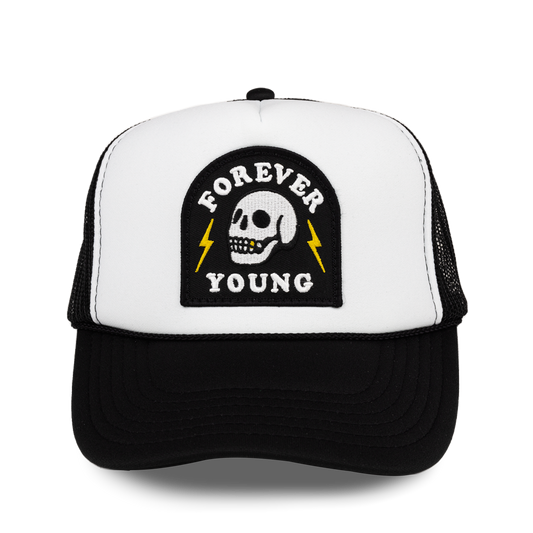 Black/White Forever Young Patch Trucker Hat
