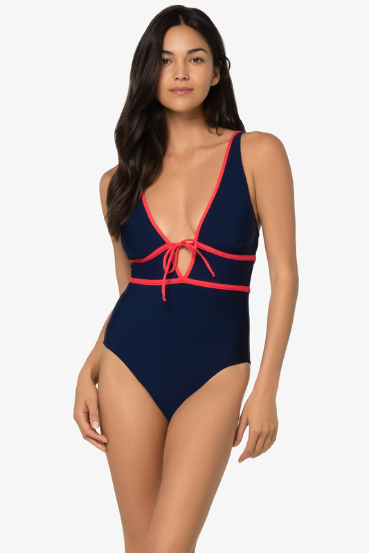 Ginger Navy Plunge Front Tie One Piece