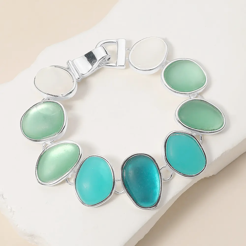 Multi Shade Green Sea Glass Dome Bracelet