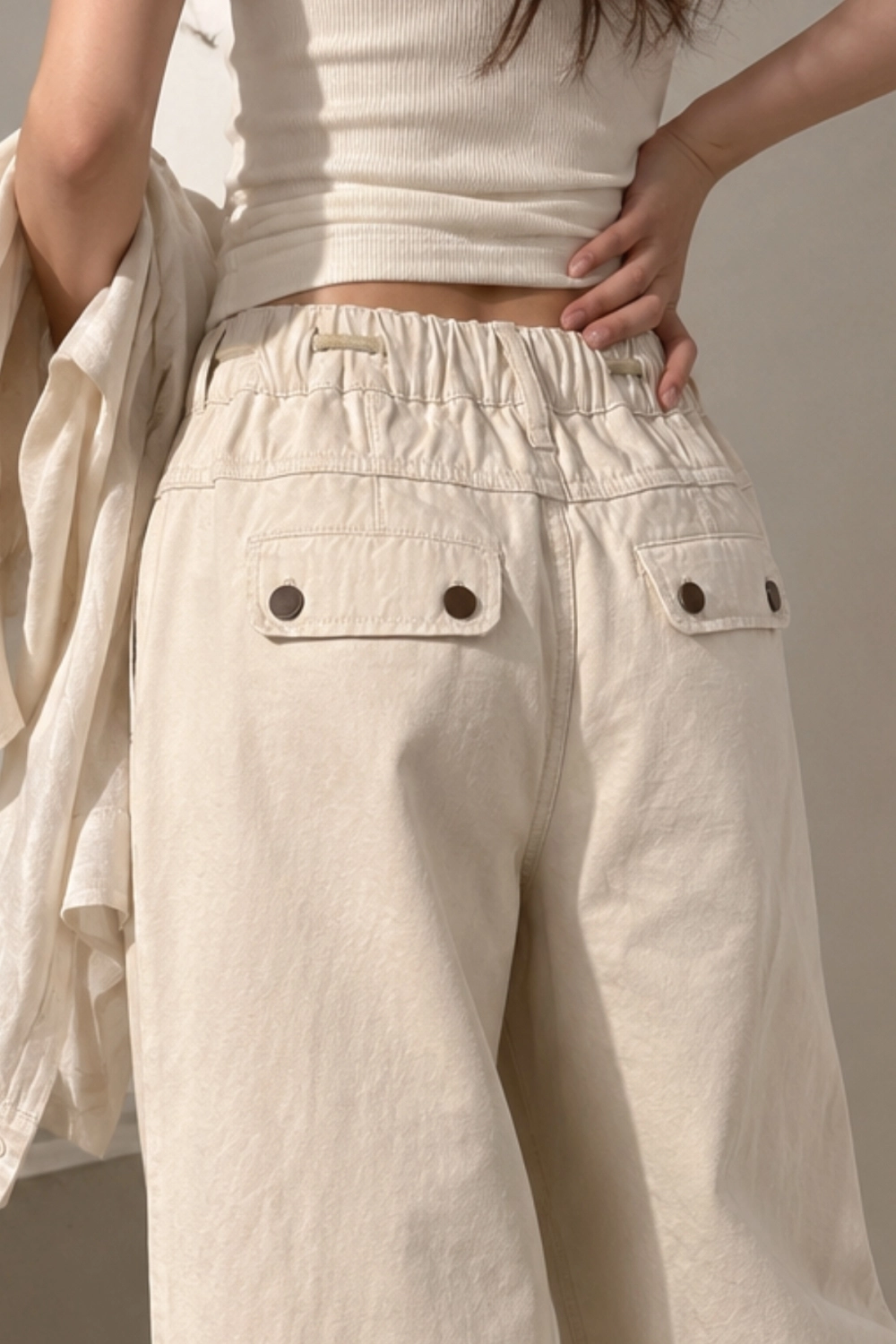 Ecru Drawstring Wide Leg Pant